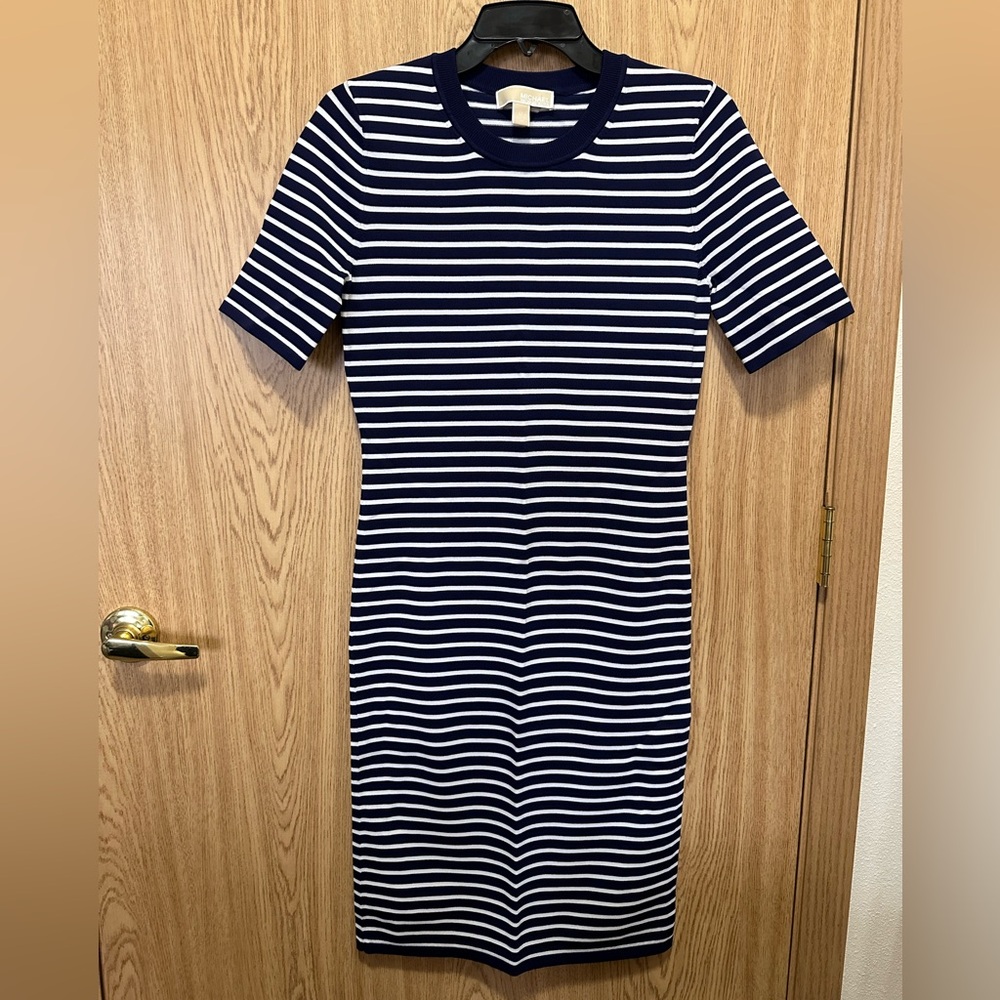 New Michael Michael Kors Blue/White Stripe Short Sleeve Fitted Dress Women's M